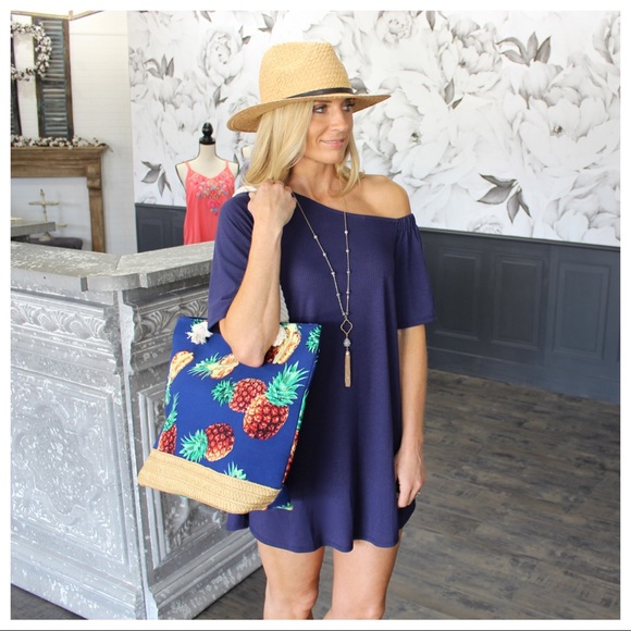 Infinity Raine Dresses & Skirts - ✨RESTOCK✨Navy Off Shoulder Ribbed Knit Dress